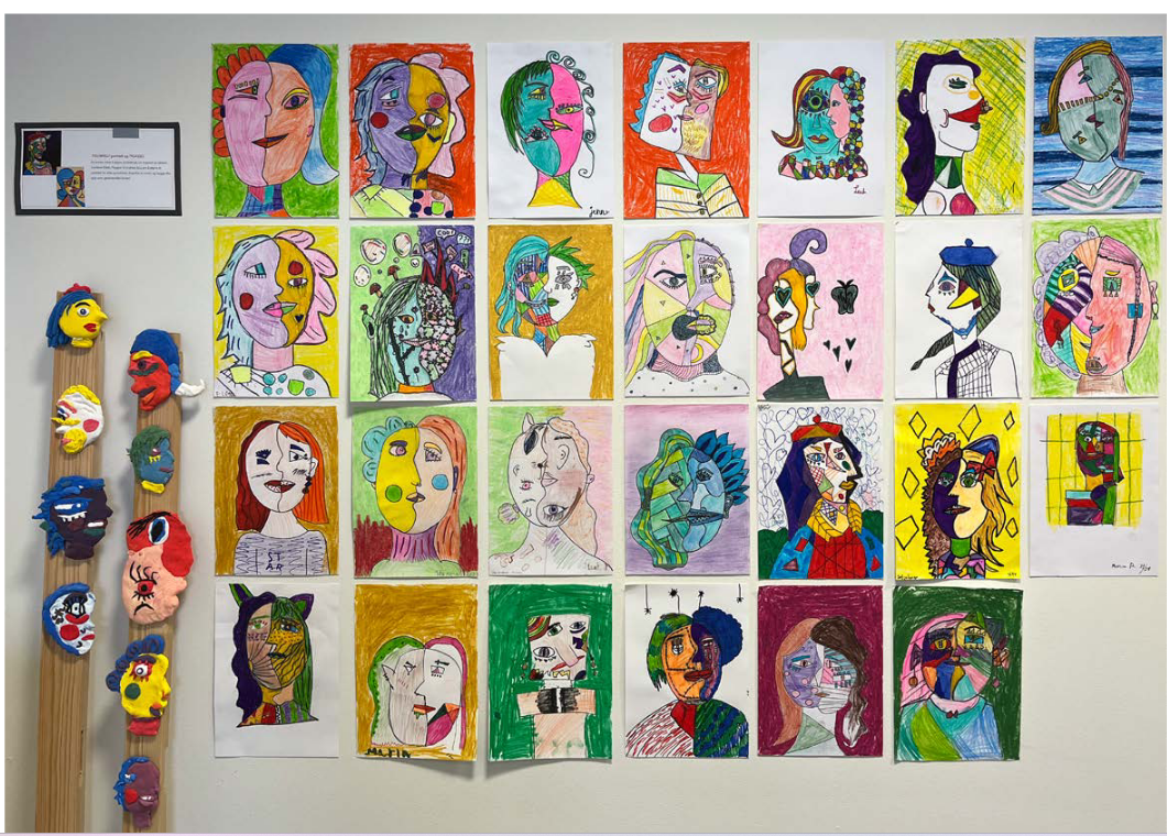 Mange tegnebilder som er tegnet i Picasso stil av barn fra Molde kulturskole